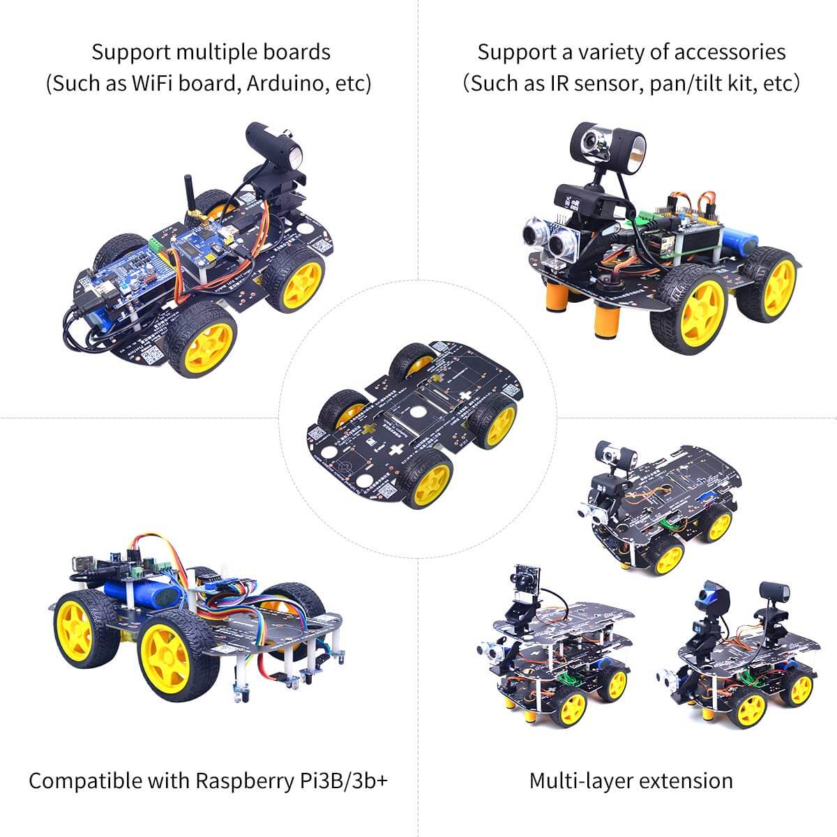 Chassis support multiple boards and variety of accessories, it compatible with Raspberry Pi3B/3b+, and has multi-layer extension