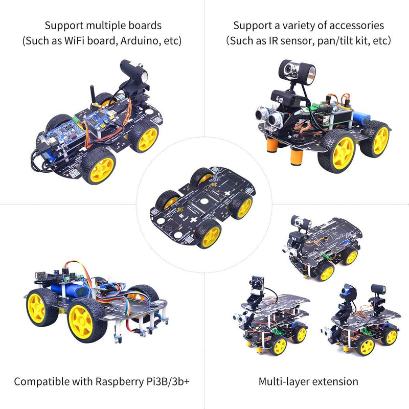 Chassis support multiple boards and variety of accessories， it compatible with Raspberry Pi3B/3b+， and has multi-layer extension