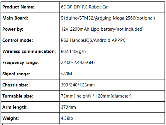Parameter of 6 DOF Robot Arm Programmable Smart Robot Tank Car