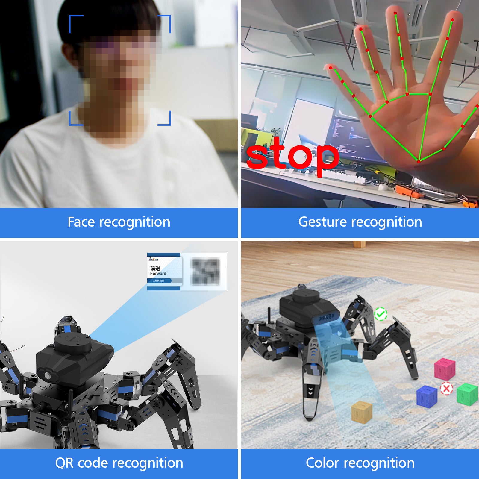 Jestson Nano Phage ROS SLAM Lidar Hexapod Smart Programmable Robot kits has AI visual function::face recognition, gesture recognition, QR code recognition, color recognition.