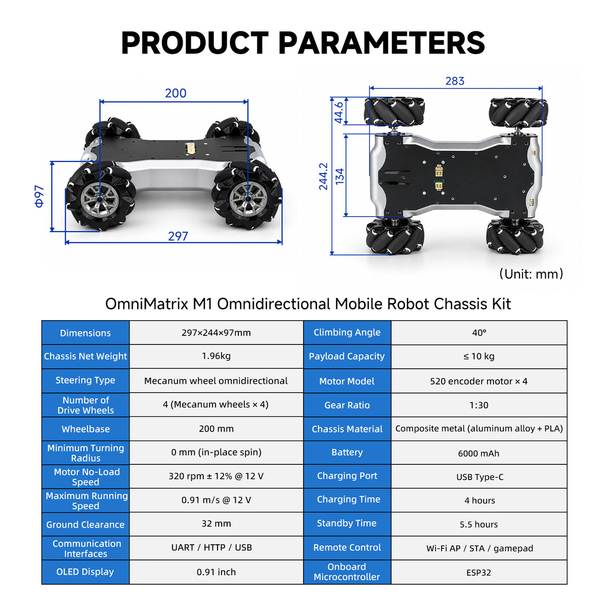 XiaoR GEEK Programmable Mecanum Robot Chassis – ESP32 4WD Robot Base, 10kg Payload, OLED & Wi-Fi, Expandable for Raspberry Pi, Jetson, LiDAR & ROS2 SLAM