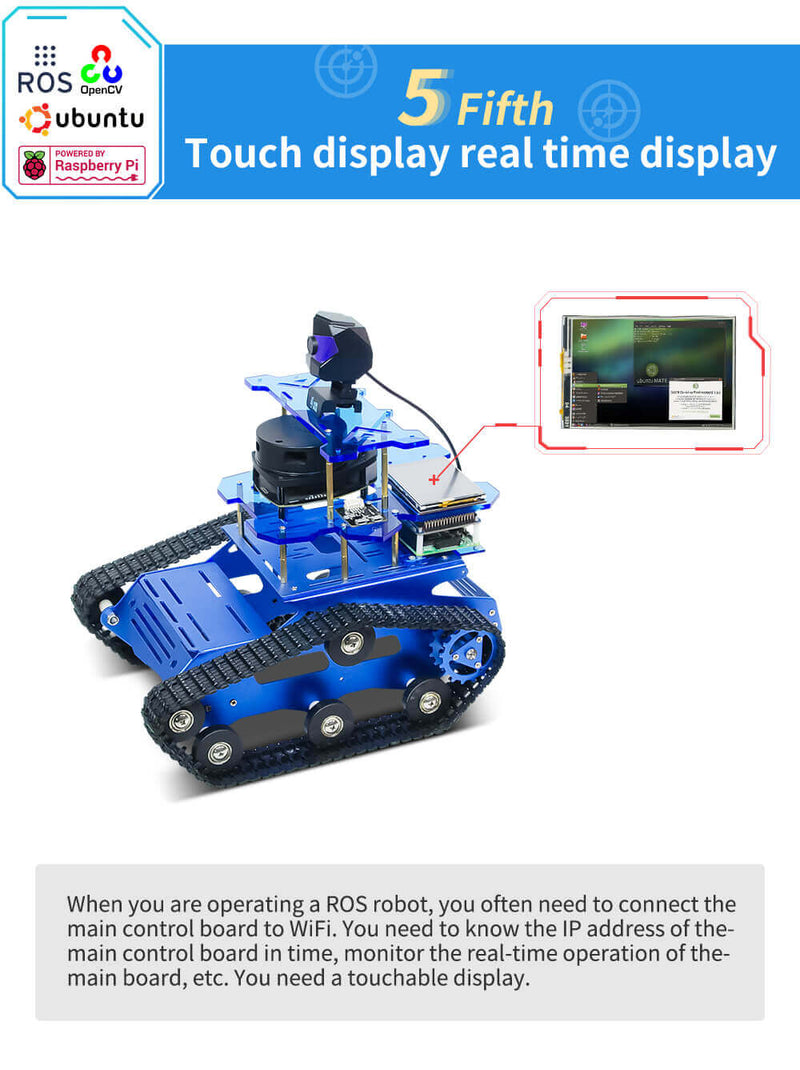 Raspberry Pi 4B4G ROS Laser Lidar Programmable Smart Robot tank car with 3.5inch touch display which can real time display
