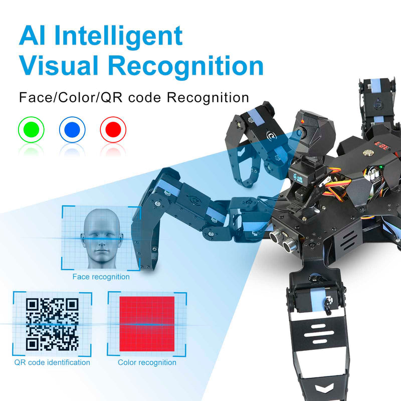 Raspberry pi bionic hexapod spider programmable robot has AI visual recognition such as face recognition，color recognition， QR code recognition