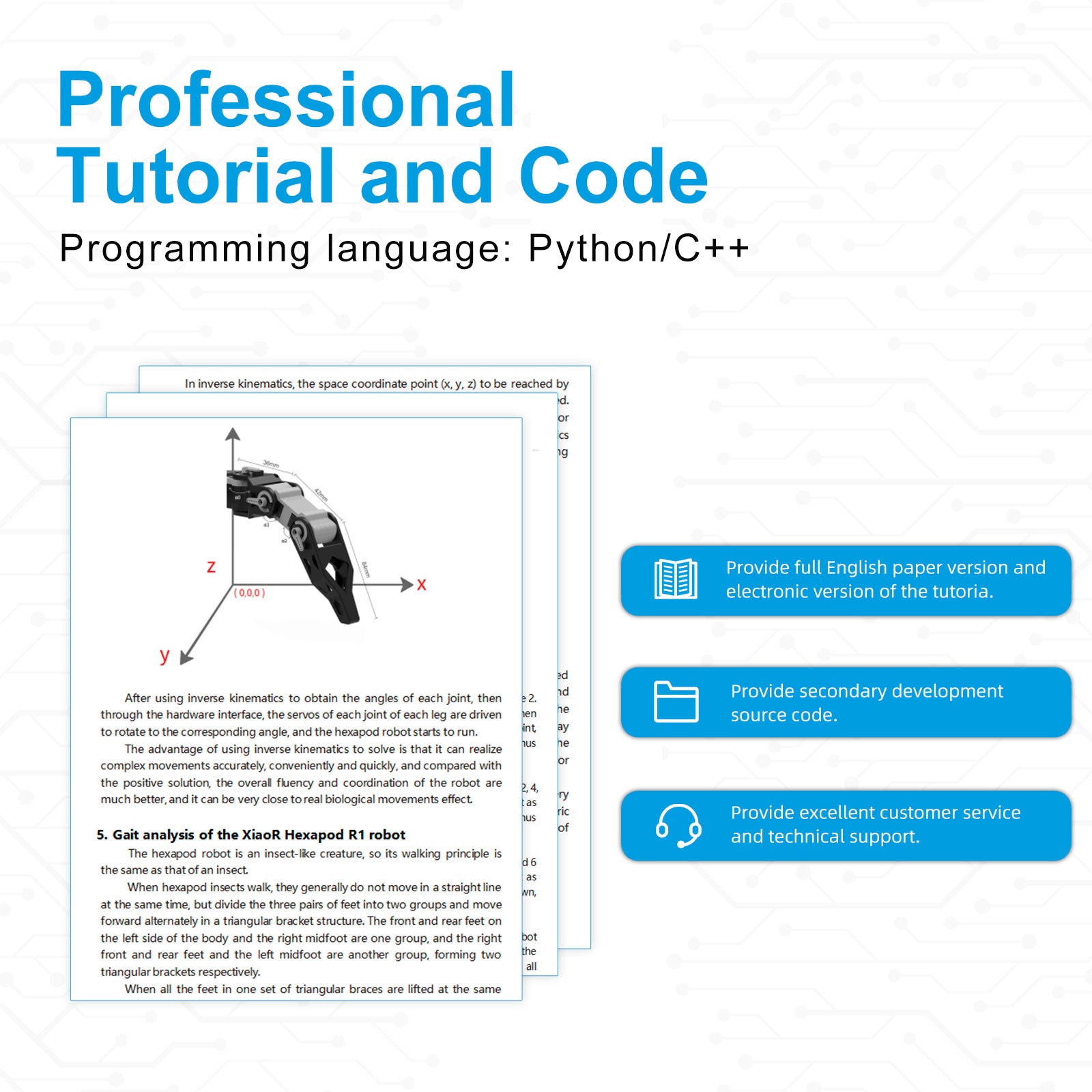 Raspberry pi bionic hexapod spider programmable robot provide professional tutorial and code, the programming language is Python and C++
