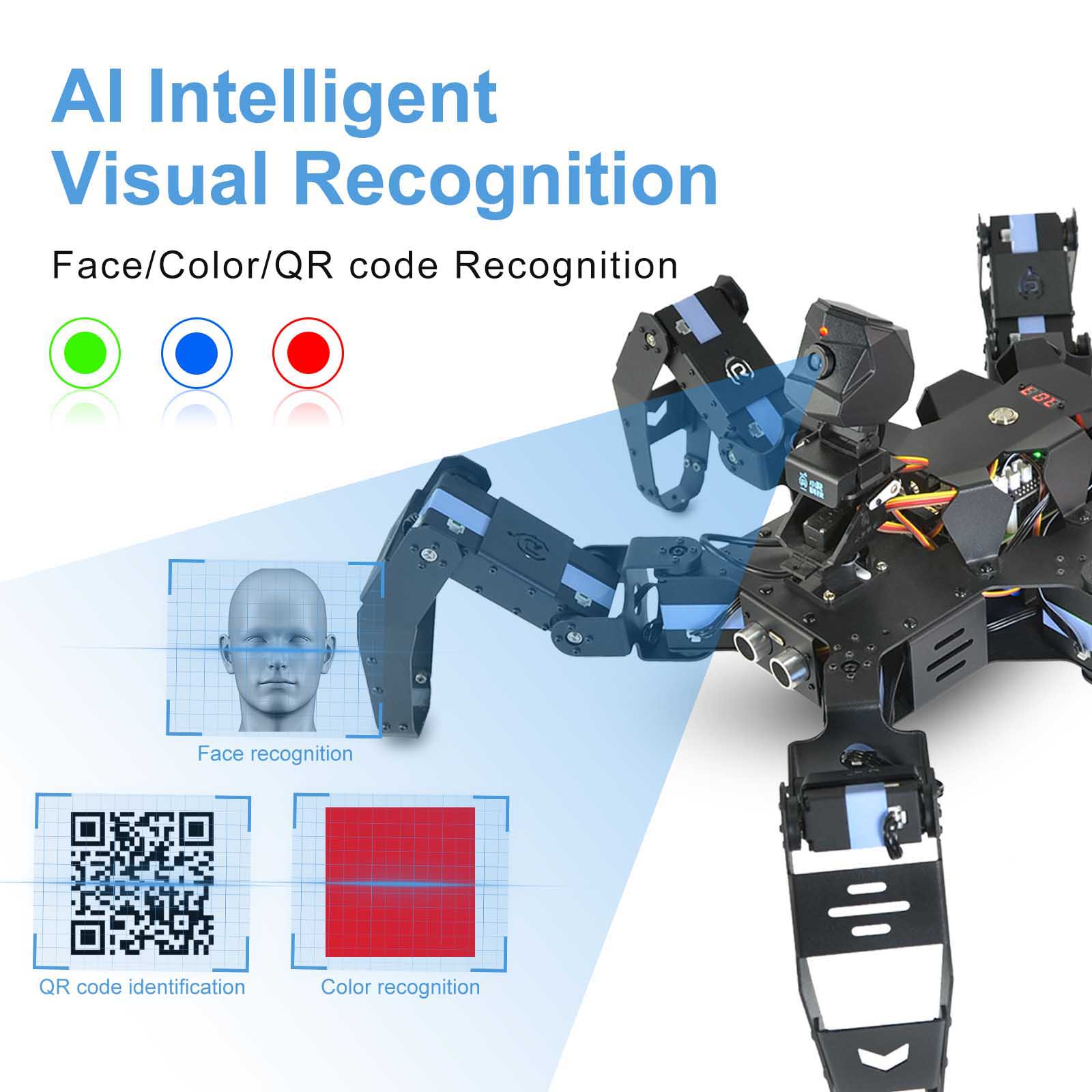 Raspberry pi bionic hexapod spider programmable robot has AI visual recognition such as face recognition,color recognition, QR code recognition