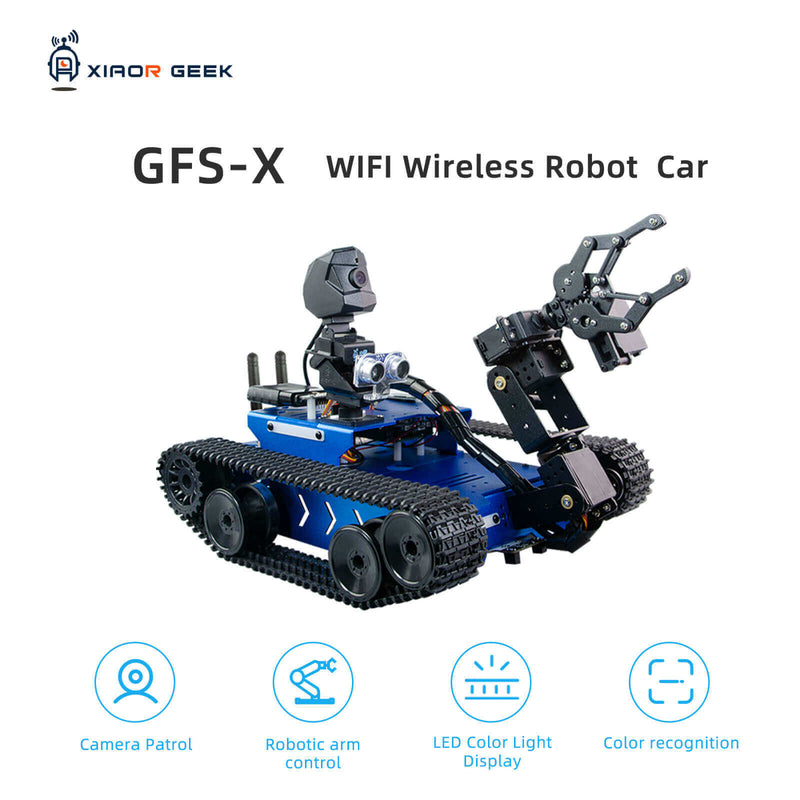 GFSX programmable smart robot car compatible with Arduino UNO, STM32,Raspberry Pi. the feature including camera patrol, robotic arm control, led color light display, color regogition