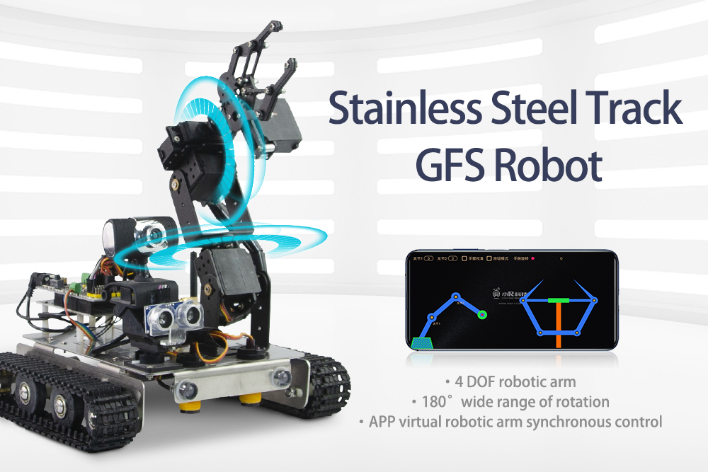 Arduino - Powered Stainless Steel Track GFS Robot with FPV Camera and Smartphone Control