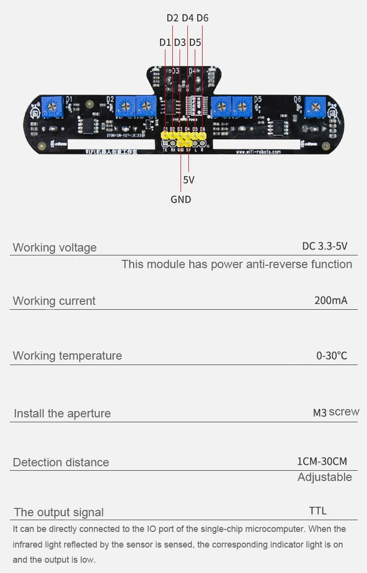 6-channel infrared patrol module, obstacle avoidance sensor for Smart car robot