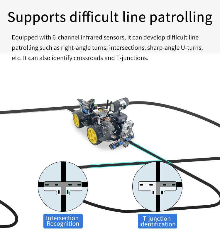 XiaoR GEEK Arduino UNO R3 Video Wireless RC Programmable Smart Robot Car equipped with 6 channel infarared sensor which can develop difficult line patrolling such as right-angle turns， intersections， sharp-angle U-turns etc.
