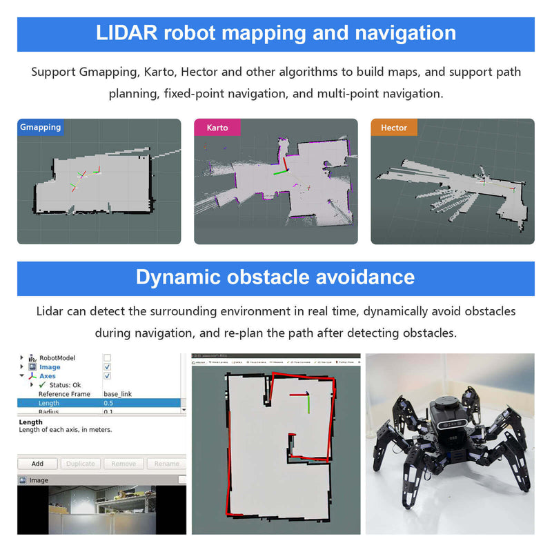 Jestson Nano Phage ROS SLAM Lidar Hexapod Smart Programmable Robot kits support gmapping, karto, hector and other algorithms to build maps, and support path planning, fixed-point navigation, and multi-point navigation