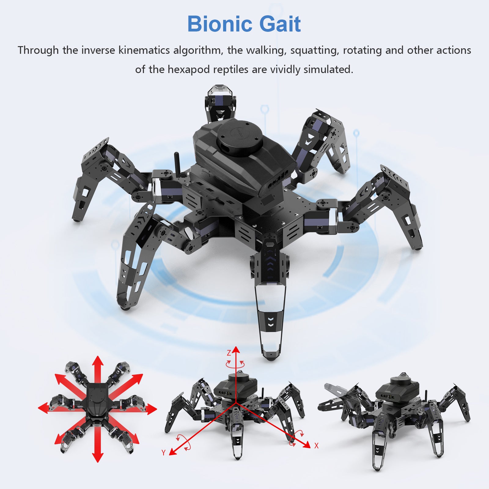 Jestson Nano Phage ROS SLAM Lidar Hexapod Smart Programmable Robot kits through the inverse kinematics algorithm, the walking, squatting, rotating and other actions of the hexapod reptiles are vividly simulated. 