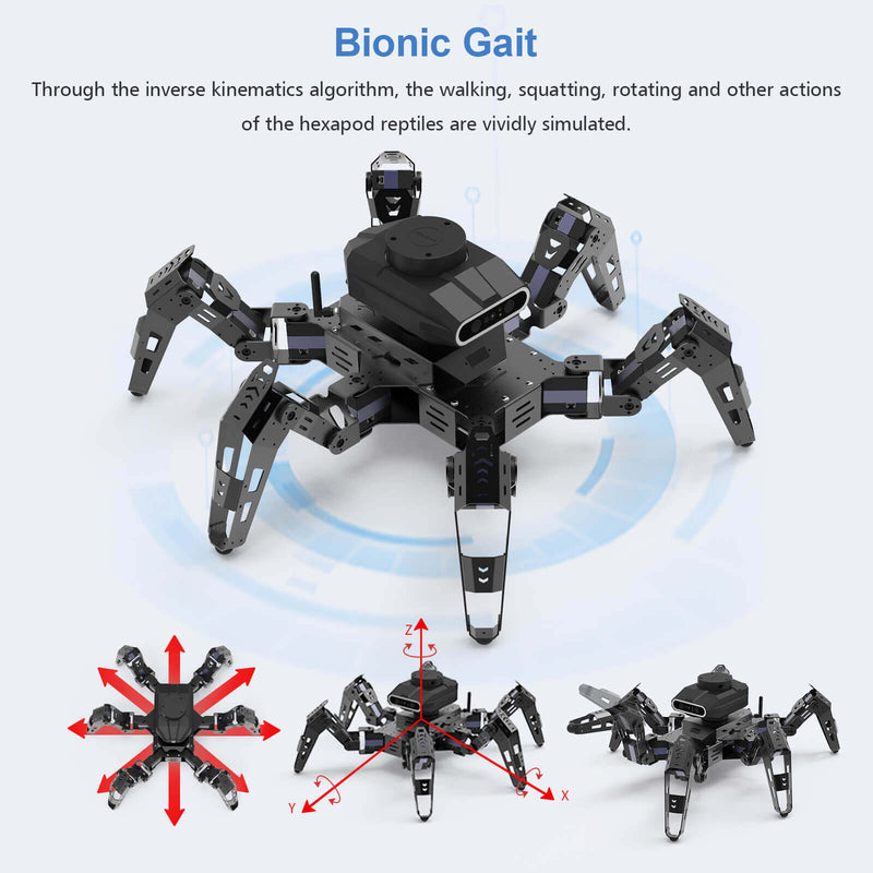 Jestson Nano Phage ROS SLAM Lidar Hexapod Smart Programmable Robot kits through the inverse kinematics algorithm, the walking, squatting, rotating and other actions of the hexapod reptiles are vividly simulated. 
