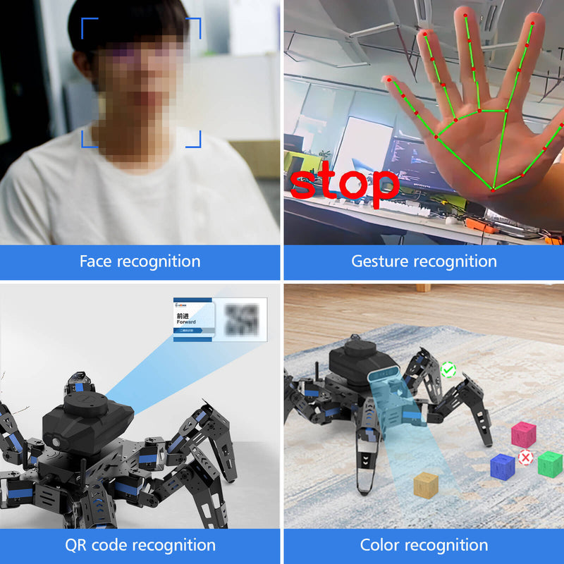 Jestson Nano Phage ROS SLAM Lidar Hexapod Smart Programmable Robot kits has AI visual function::face recognition, gesture recognition, QR code recognition, color recognition.