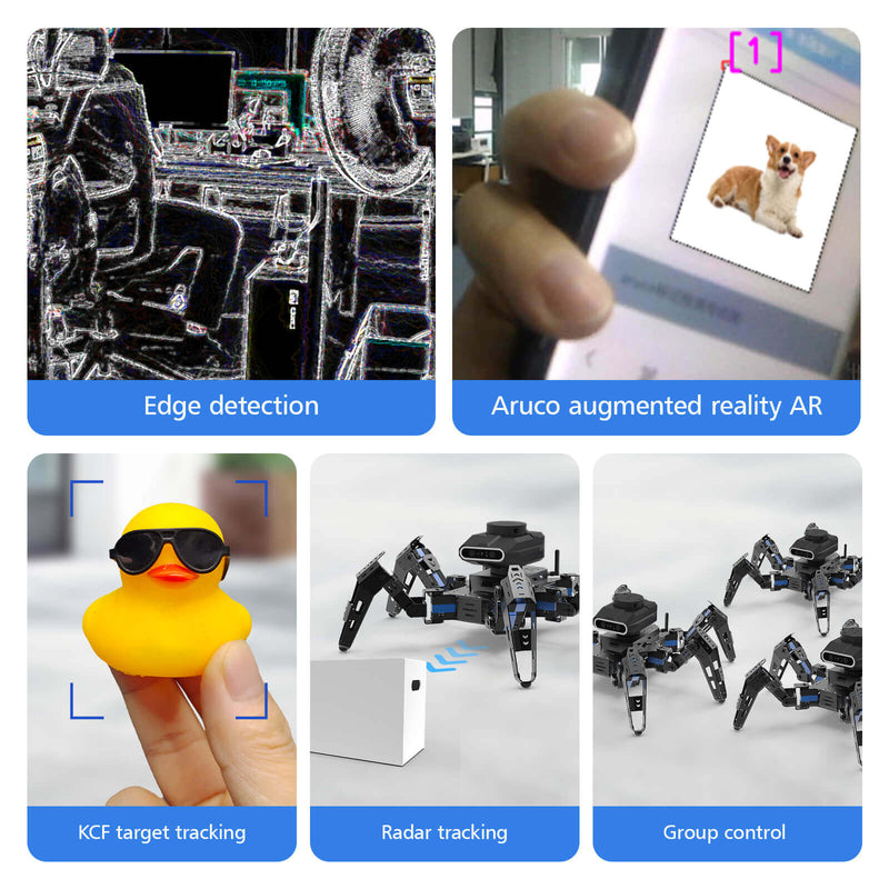 Jestson Nano Phage ROS SLAM Lidar Hexapod Smart Programmable Robot kits AI visual functions: edge detection, aruco augmented reality AR, KCF target tracking. Radar tracking, group control.