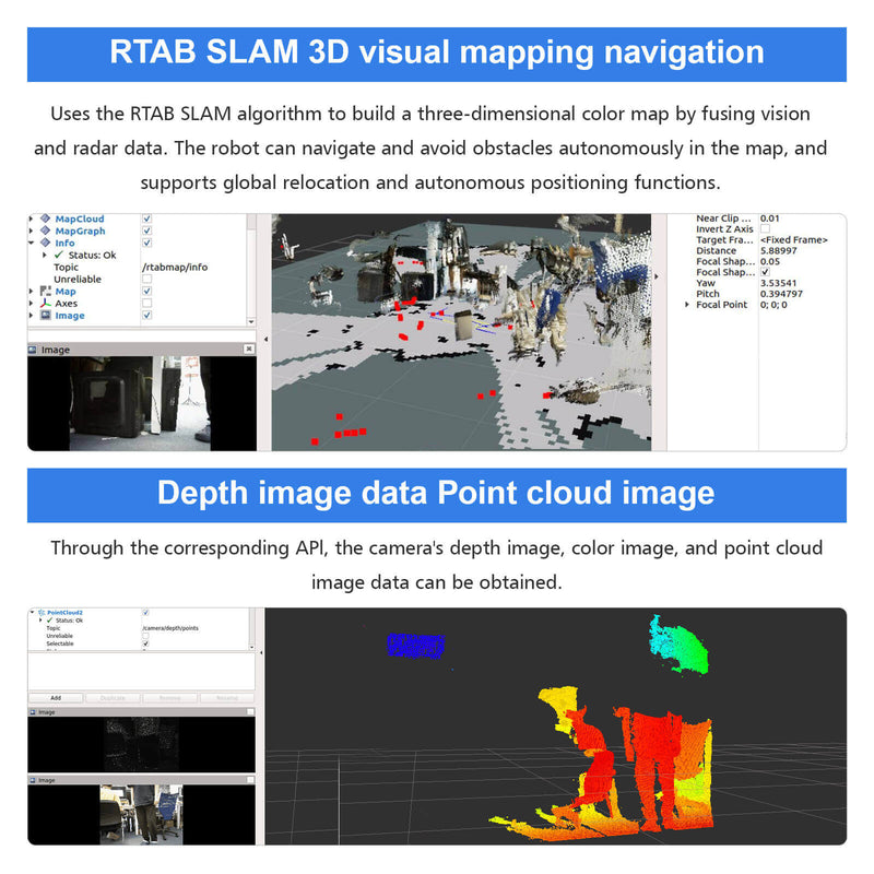 Jestson Nano Phage ROS SLAM Lidar Hexapod Smart Programmable Robot kits use the RTAB  SLAM algorithm to build a 3D color map by fusing vision and radar data. The robot can navigate and avoid obstacles autonomously in the map, and supports global relocation and autonomous positioning functions.